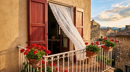 Fototapeta premium Open balcony door with lace curtain blowing over wrought iron railing and potted geraniums, stone village view conveying mediterranean terrace lifestyle, morning light