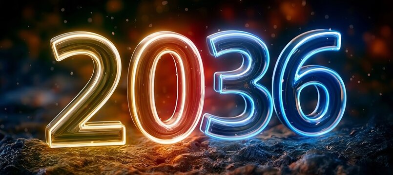 Neon illuminated metallic 2036 new year sign set against a dark textured rocky landscape background