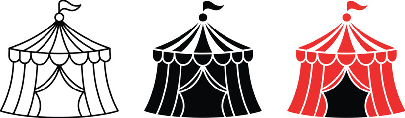 Circus, tent icon set with striped big top carnival symbols, red and black flat outline flags, isolated vector illustration. © Rashed 