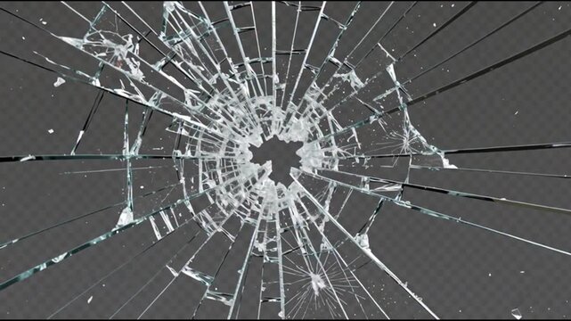 Realistic shattered glass impact with cracks on transparent background