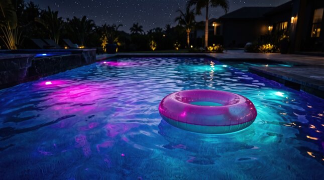Illuminated inflatable ring floating in backyard pool at night with colorful led lights reflecting on rippled water surface under starry sky