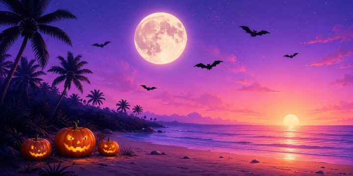 Beach sunset featuring pumpkins and bats creating a tropical halloween atmosphere during summer festivities