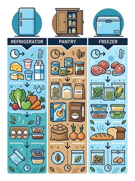 Food storage organization guide for refrigerator pantry and freezer