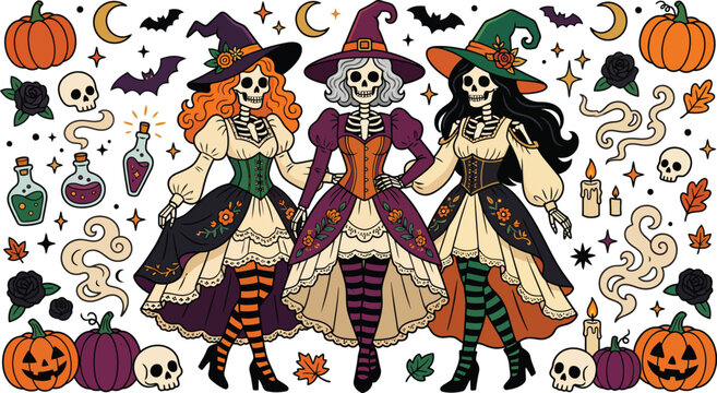 Three stylish skeleton witches wearing colorful dresses and hats surrounded by pumpkins skulls bats and potions on a white background for halloween