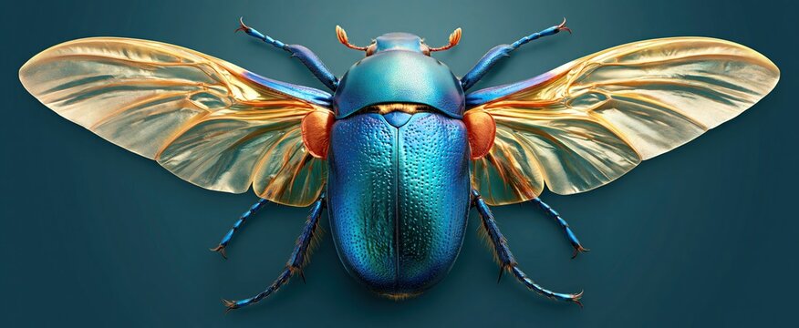 A metallic beetle with iridescent wings displays vivid colors and detailed textures against a dark backdrop.