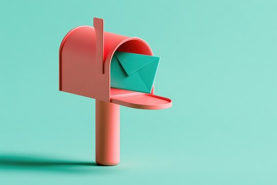 Retro Pink Mailbox with Teal Envelope Against Teal Background.