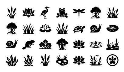 Obraz premium Bold Wetland and Swamp Icon Set with Heron Frog Lotus Mangrove and Marsh Plant Vector Symbols