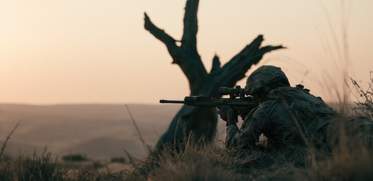 Soldier aiming sniper rifle from a hidden position behind a dead tree at sunset.