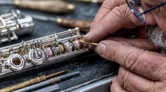 Skilled craftsman uses precision tools to carefully repair the intricate silver keys and delicate internal mechanisms of a professional flute