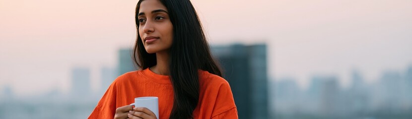 Naklejka premium Young woman holding a mug on a rooftop at sunrise with soft city skyline for lifestyle background banner and calm morning design