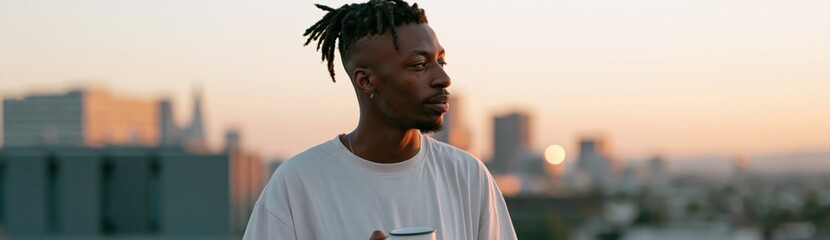 Naklejka premium Young man drinking coffee on a rooftop at sunset with urban skyline for lifestyle background banner and relaxed morning design