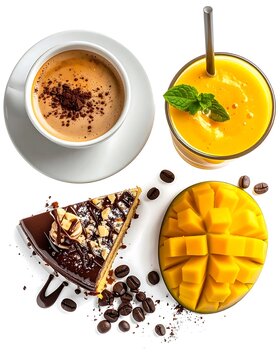 Assorted Breakfast Delights with Coffee and Smoothie.