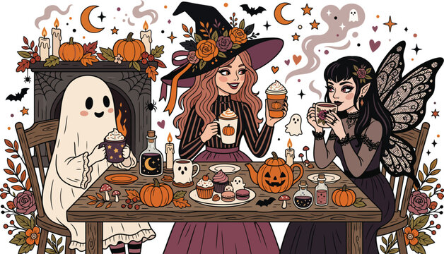 A cute little ghost wearing a witch hat sits at a table drinking a pumpkin spice latte with a black cat nearby