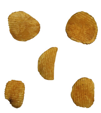 Potato chips collection of individual ridged crispy slices scattered for snack food packaging branding materials and fast food menu patterns