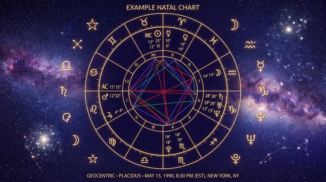 A natal chart with zodiac symbols and lines on a starry night sky background