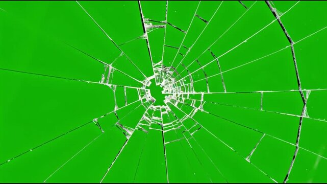 Glass window shattering with impact cracks on a green screen