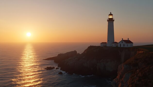 Lighthouse on Rocky Shore at Sunset with Calm Ocean and Golden Sky