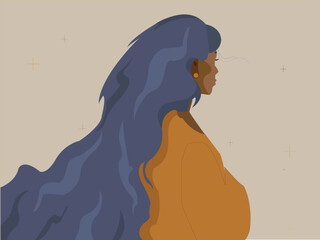 Side View Portrait of Young Woman with Long Blue Hair Flat Vector Illustration © Akshay