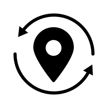 Outline location pin surrounded by circular arrows representing GPS tracking, navigation, location updates, route monitoring, and logistics.