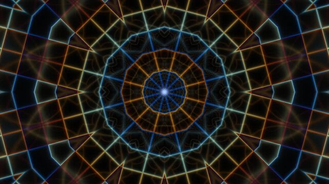 Colorful geometric shapes rotate in a hypnotic pattern