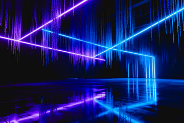 Fototapeta premium A futuristic digital scene with glowing neon lines and hanging light streams, reflected on a smooth dark surface, featuring vibrant blue and purple hues.