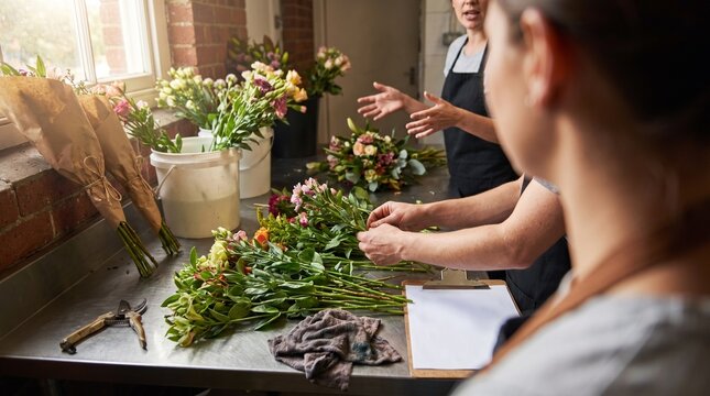 Flower shop backroom training with apprentice sorting stems by hand