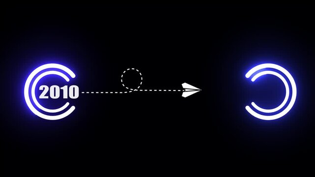 Animated paper plane flying from 2010 to 2011, neon circular portal transition, minimalist motion for time travel, timeline progression, and new year concept on black background
