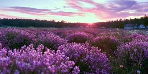 Fototapeta premium Stunning Lavender Fields in Provence at Sunset, Vibrant Colors and Fragrant Blooms Under Soft Light