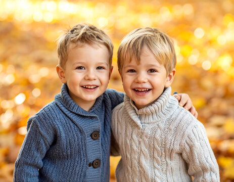 Portrait of laughing caucasian boy brothers embracing in fall foliage park