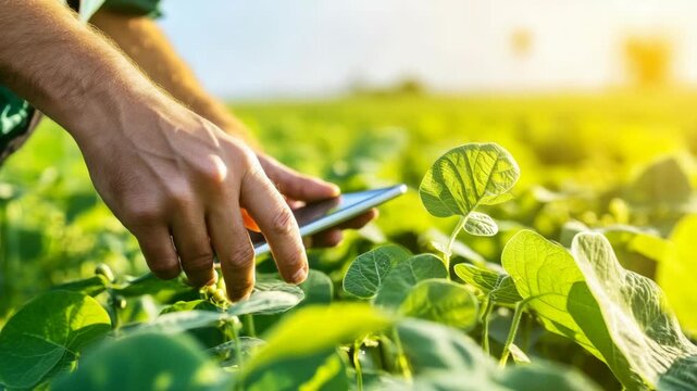 Man using a smartphone while standing in the middle of a lush green field, focusing on the cell phone screen with both hands.