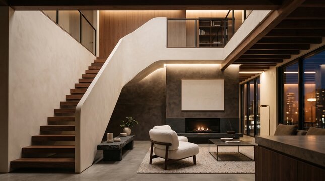 Cozy Nighttime Attic Lounge Surrounded by Stairway to Absent Destination Design