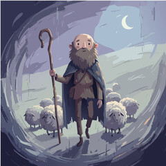 Obraz premium Elderly Shepherd with Sheep Flock Under Moonlight – Stylized Digital Illustration