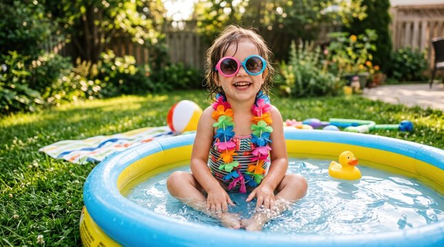 Little girl in inflatable pool on backyard lawn enjoying summer playtime, wearing oversized sunglasses and flower lei, smiling and splashing with beach ball and rubber duck