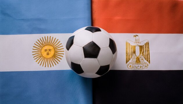 soccer ball placing between Argentina flag and Egypt flag