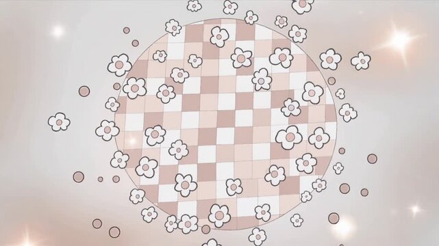 Animating centered gingham disc, flowers orbiting and dots drifting in pastel backdrop, as ornament