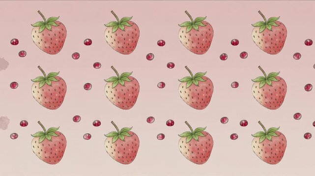 Starting loop, handdrawn strawberry grid drifting, pulsing as looping pink gradient with red beads
