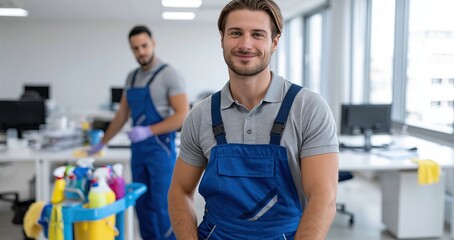 Fototapeta premium In a bright, airy office, janitors efficiently arrange cleaning supplies while one wipes desks to ensure a pristine environment.