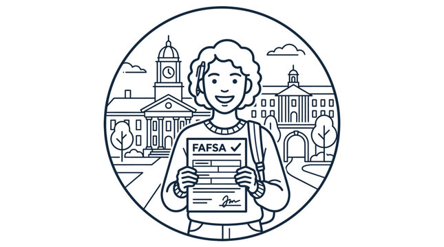 Student Holding Approved FAFSA Form In Front Of University