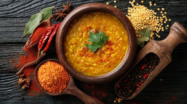 Traditional indian dal lentil curry served in a rustic bowl with aromatic spices and fresh herbs on a black wooden background, authentic homemade vegetarian comfort food, top view with copy space