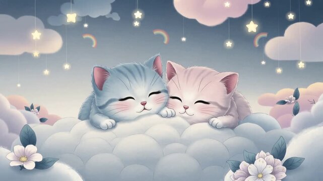 Yawning blue kitten and nuzzling pink kitten drifting into sleep on cloud bed, with hanging stars