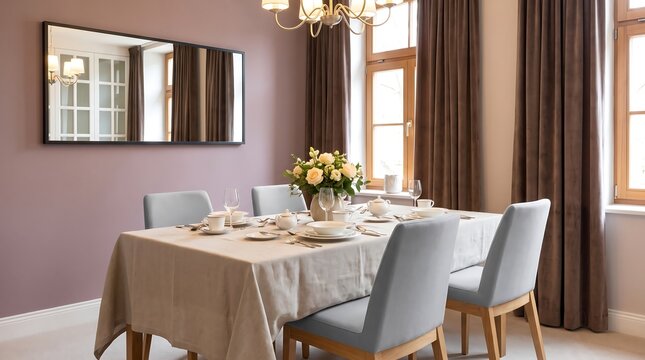 Elegant dining room with table set for dinner and floral centerpiece