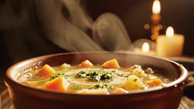 Steaming bowl of hearty vegetable soup with carrots and potatoes, served warm with candles and soft focus background, cozy meal