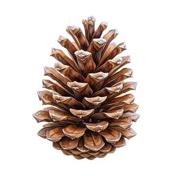 A pine cone sits on a white surface. The cone shows its scales and natural color. It presents the pattern and shape found in nature. This represents a seed from a pine tree