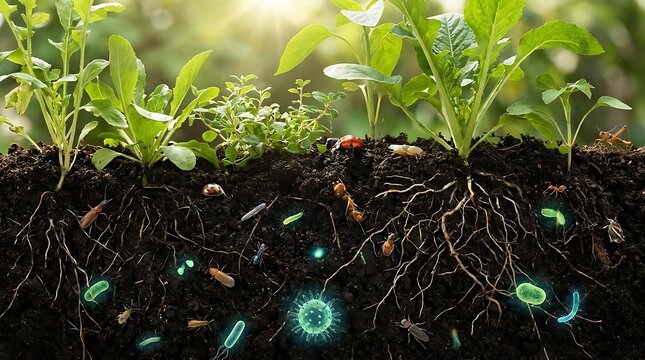 Healthy soil ecosystem with plant roots and microorganisms in sunlight
