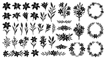 Fototapeta premium Professional Lily Flower Vector Collection with Black Botanical Silhouette Leaves and Blooms