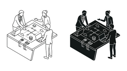 Naklejka premium Business team working at interactive table with laptop and documents, business