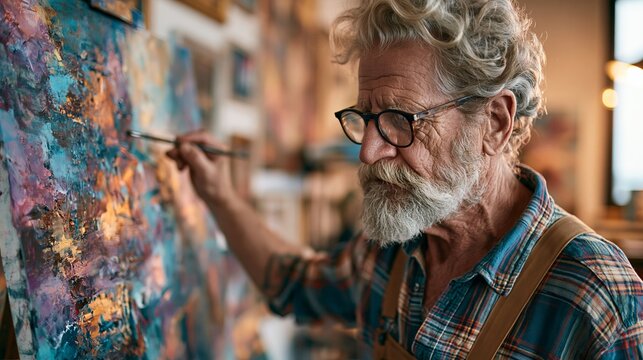 Elderly male artist with a white beard and glasses painting a textured abstract masterpiece on canvas in his cozy studio