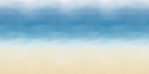 Obraz premium Beach seamless border drawn in watercolor style with blue sea and sandy shore, repeating summer design for packaging, textile, wrapping paper, wallpaper and banners.