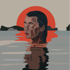 Woman Standing in Water at Sunset Flat Vector Illustration © Akshay