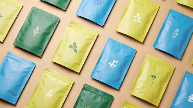 Assorted colorful tea or coffee packaging pouches with herbal leaf icons on beige background